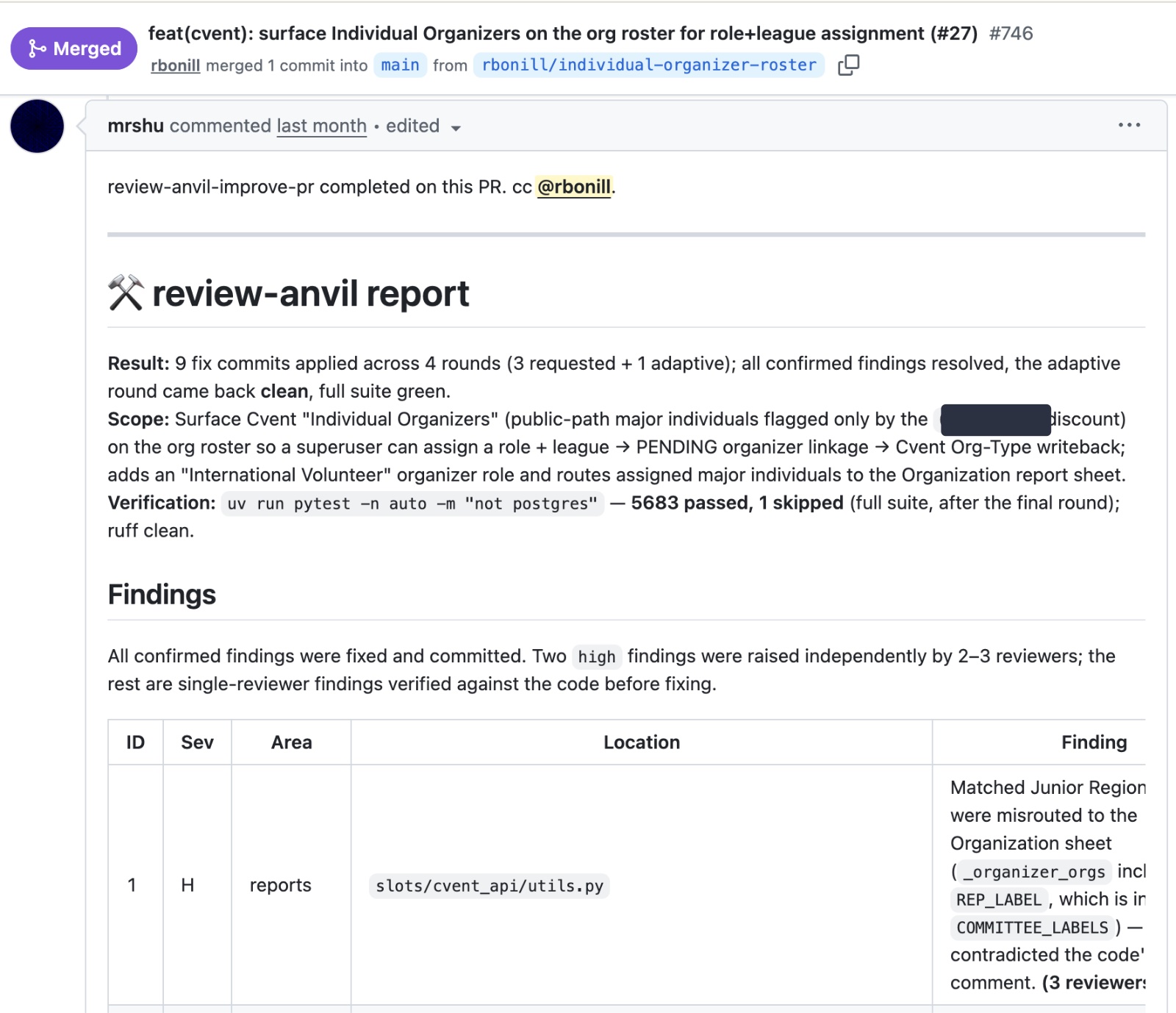 A real review-anvil report on the RoboCup platform — 9 fix commits across 4 rounds, findings raised by 2–3 independent reviewers, full suite green.