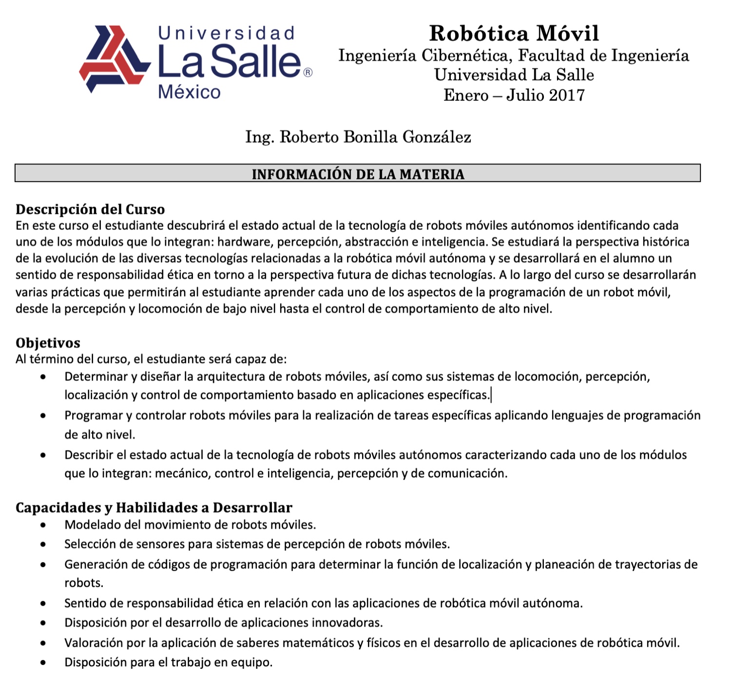 Mi temario de Robótica Móvil de 2017 (Universidad La Salle): “un sentido de responsabilidad ética” escrito en los objetivos, mucho antes de que fuera noticia.